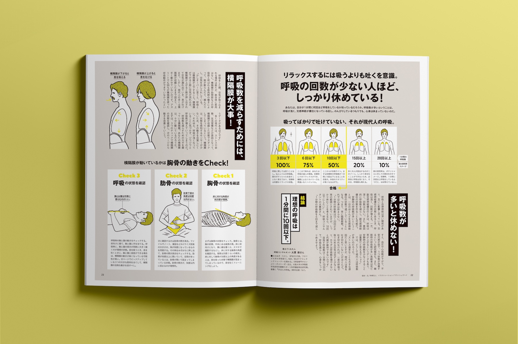 ターザン（マガジンハウス）No.908号「休む技術。」の特集ページイラスト。呼吸についてのインフォグラフィックとしてイラストを描いています。イラスト制作：浦野周平