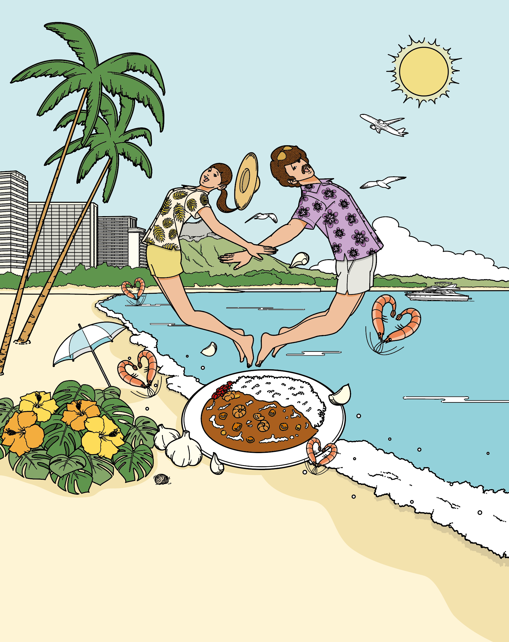 ハチ食品キャンペーンイラスト。ハワイでエビゾリジャンプする男女。イラスト:浦野周平