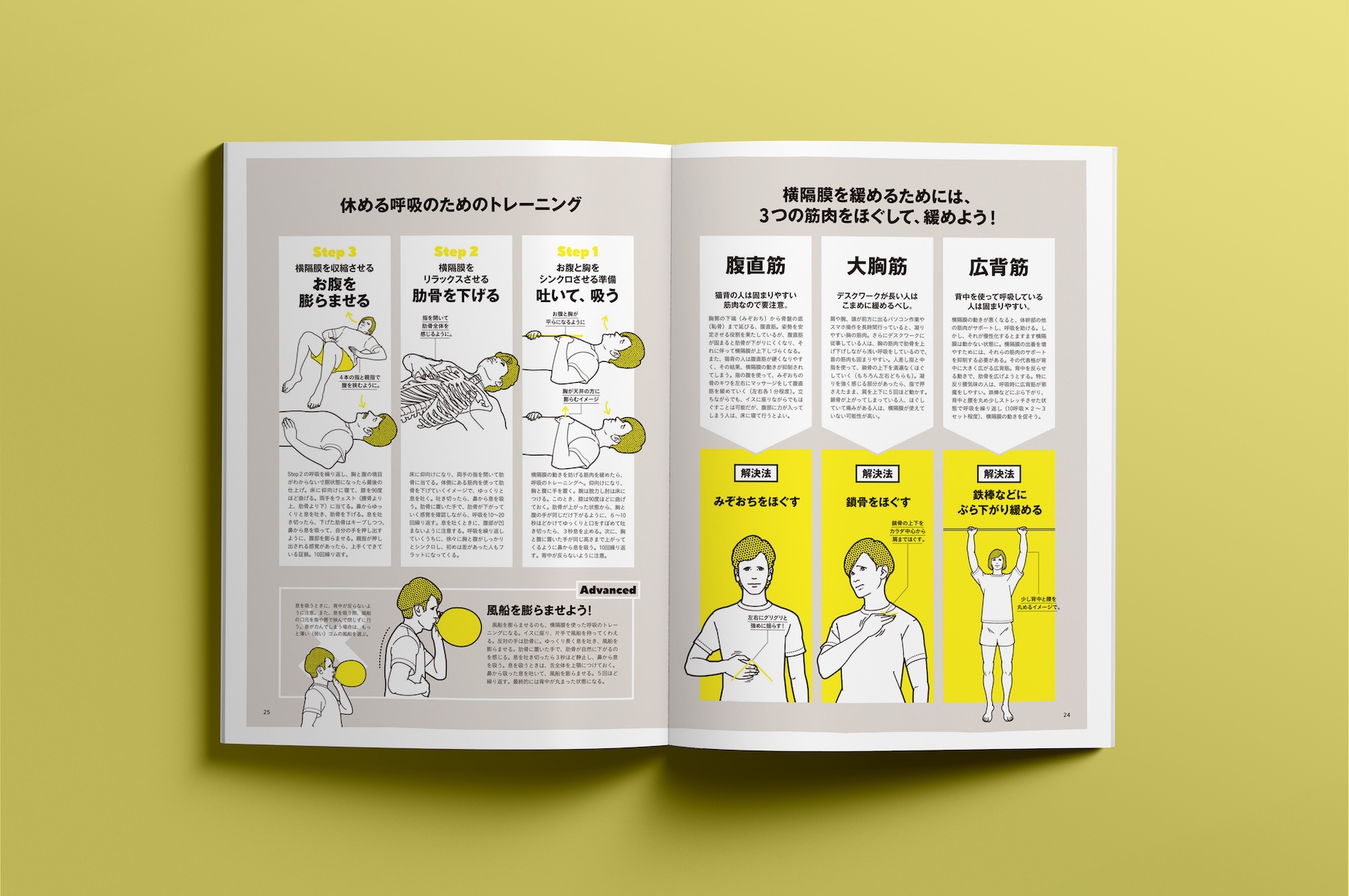 ターザン（マガジンハウス）No.908号「休む技術。」の特集ページイラスト。呼吸についてのインフォグラフィックとしてイラストを描いています。イラスト制作：浦野周平