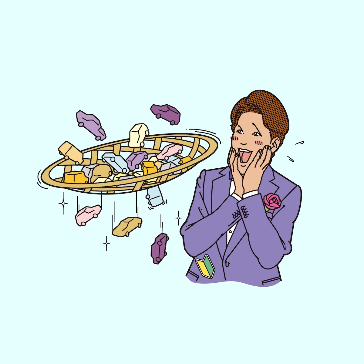 カーセンサー特集イラスト。欲しいクルマが選り分けられて喜んでいる男。イラスト制作：浦野周平