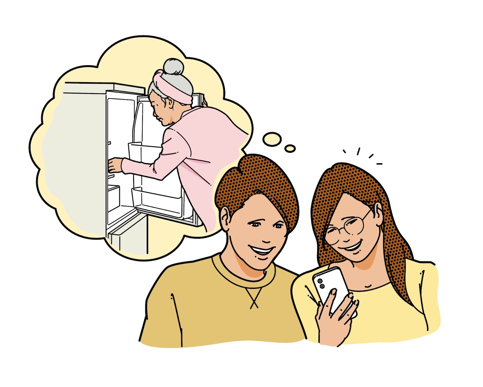 雑誌イラスト。冷蔵庫を使用するとスマホに通知がいくという、高齢者見守りシステムのイラスト。イラスト制作：浦野周平