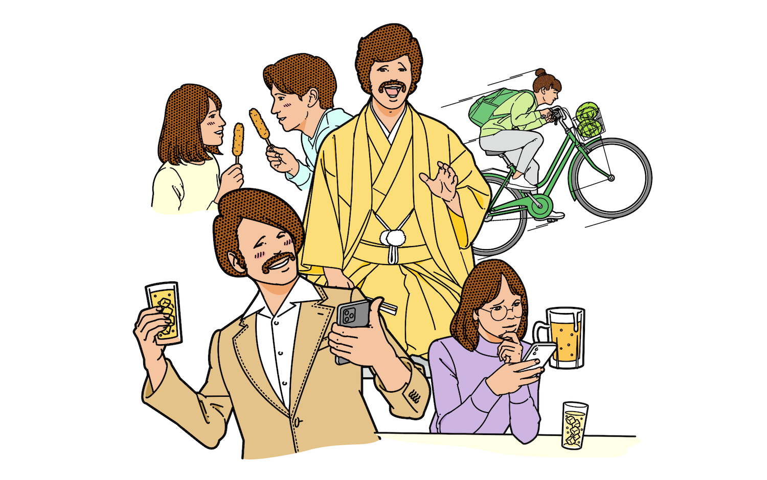 名古屋の「串かつ ろく」を舞台にした短編小説用イラスト。登場人物が勢揃いしている。イラスト制作：浦野周平