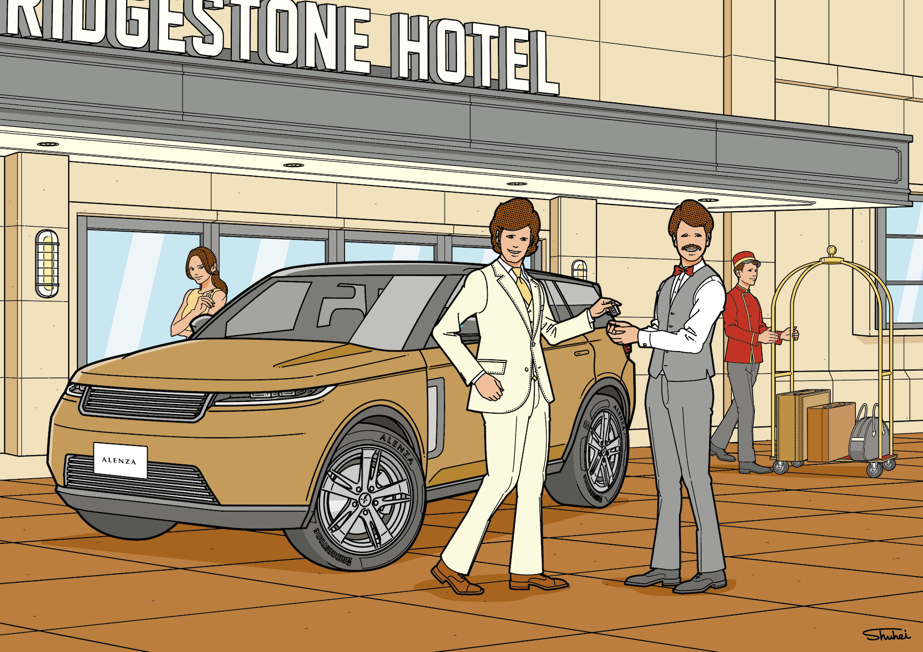 ブリヂストン漫画カレンダー用イラスト。ホテルの前でバレットパーキングに鍵を預ける男と彼の愛車のSUV。タイヤはブリヂストンアレンザを履いている。